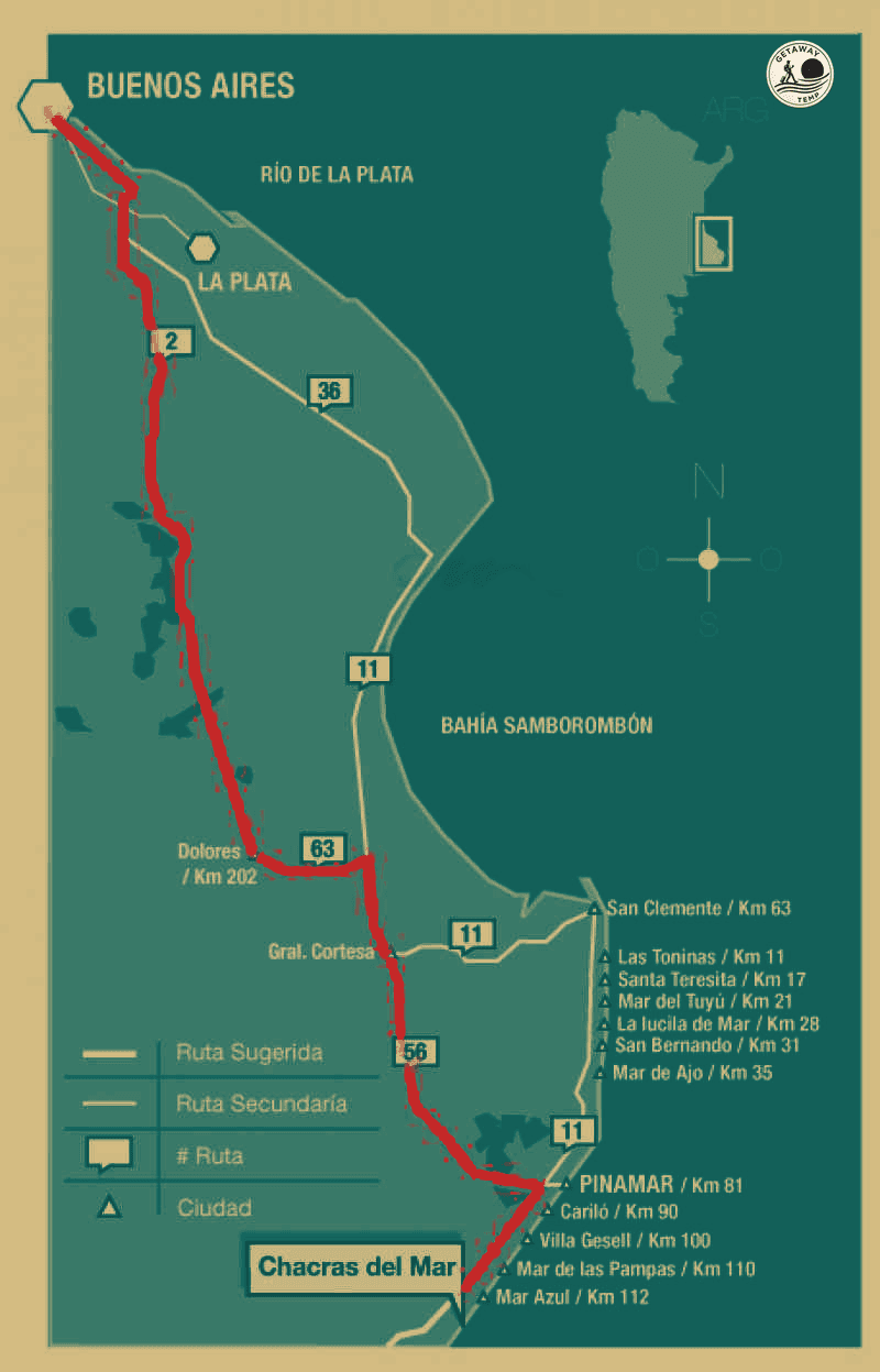 Mapa de acceso a Chacras del Mar desde Buenos Aires